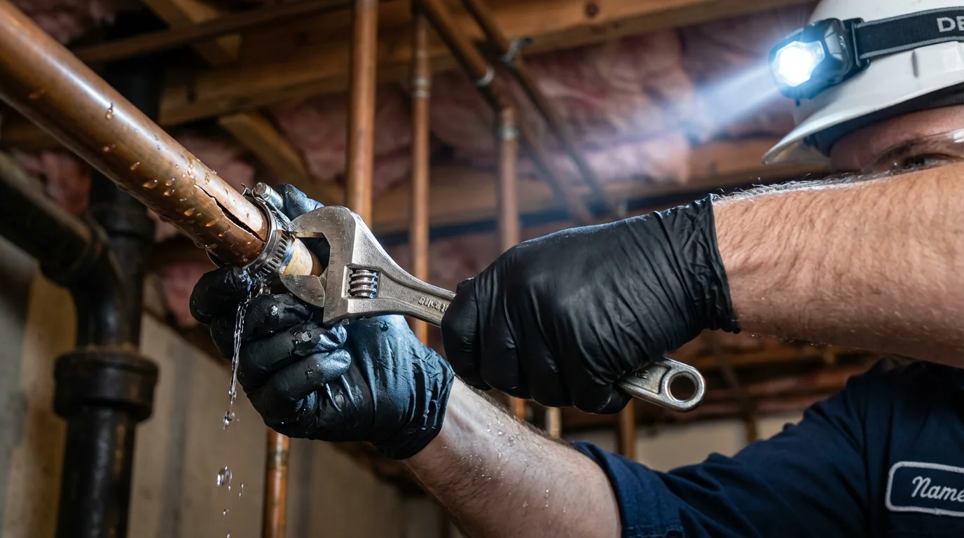 Emergency pipe clamp repair being performed by a Johns Plumbing LLC plumber in Roma