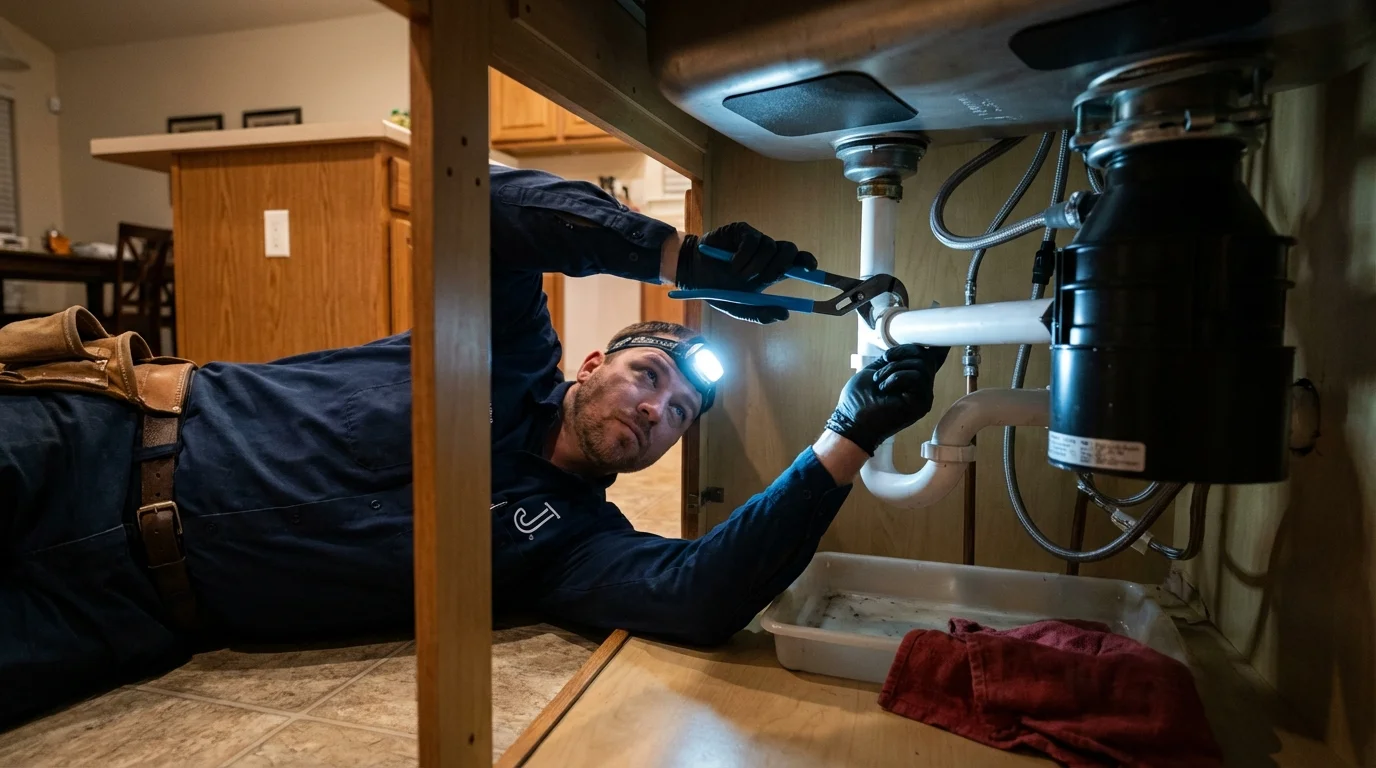 P-trap and supply line connections under a kitchen sink showing a common leak point in Roma, TX